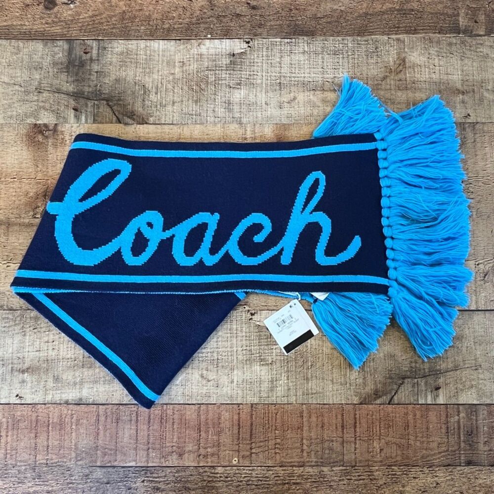 Coach Varsity Knit Logo Scarf Deep Blue NEW NWT Wool Blend Collegiate Accademia